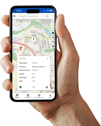 Aplicativo Paranátrack exibindo mapa de rastreamento veicular em tempo real com detalhes de localização, velocidade e status do veículo