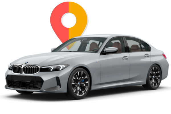 BMW sedan prata com ícone de localização GPS - Sistema de rastreamento veicular Paranátrack em tempo real